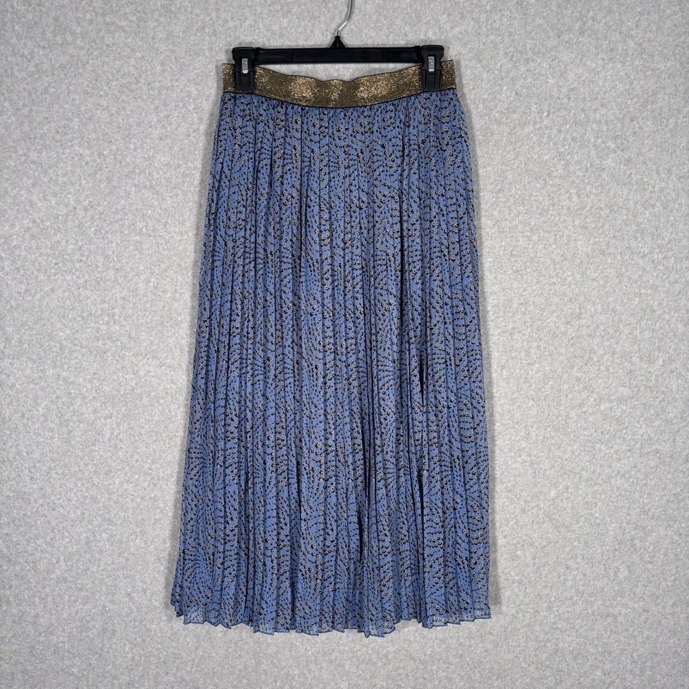Rue de Femme Pleated Midi Skirt Small Blue Floral Flowy Gold Metallic Feminine‎